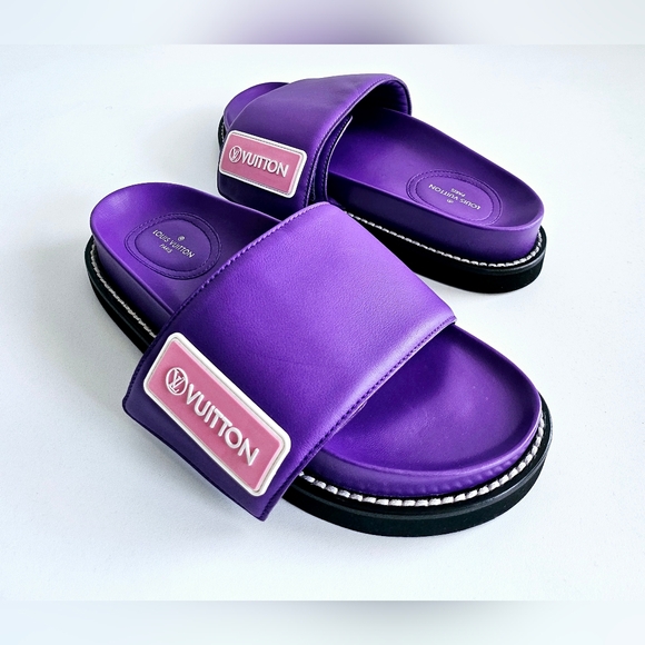 New Unused Louis Vuitton Sunset Flat Purple Leather Slides - Picture 1 of 9